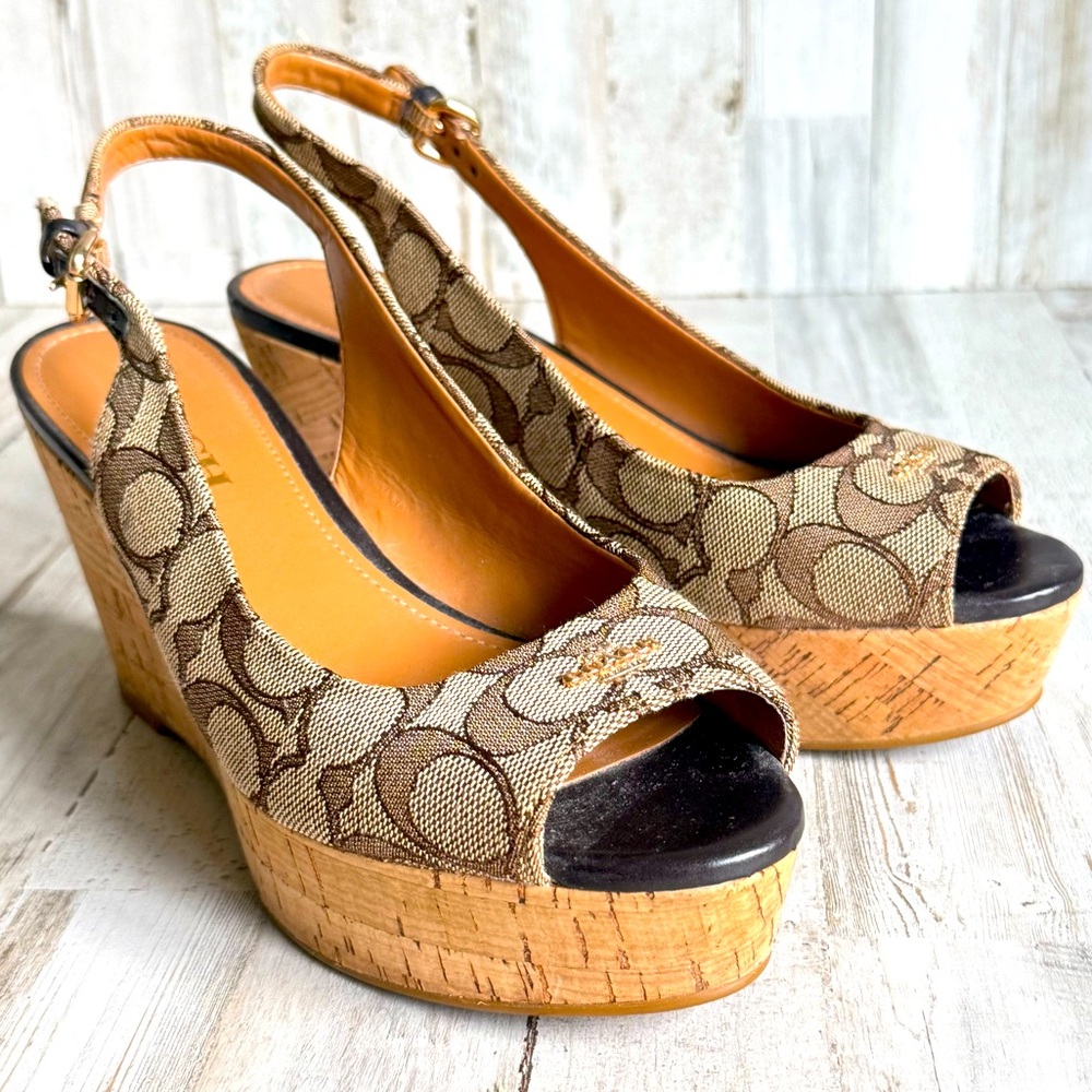 Coach Brown and Tan Wedge Sandals